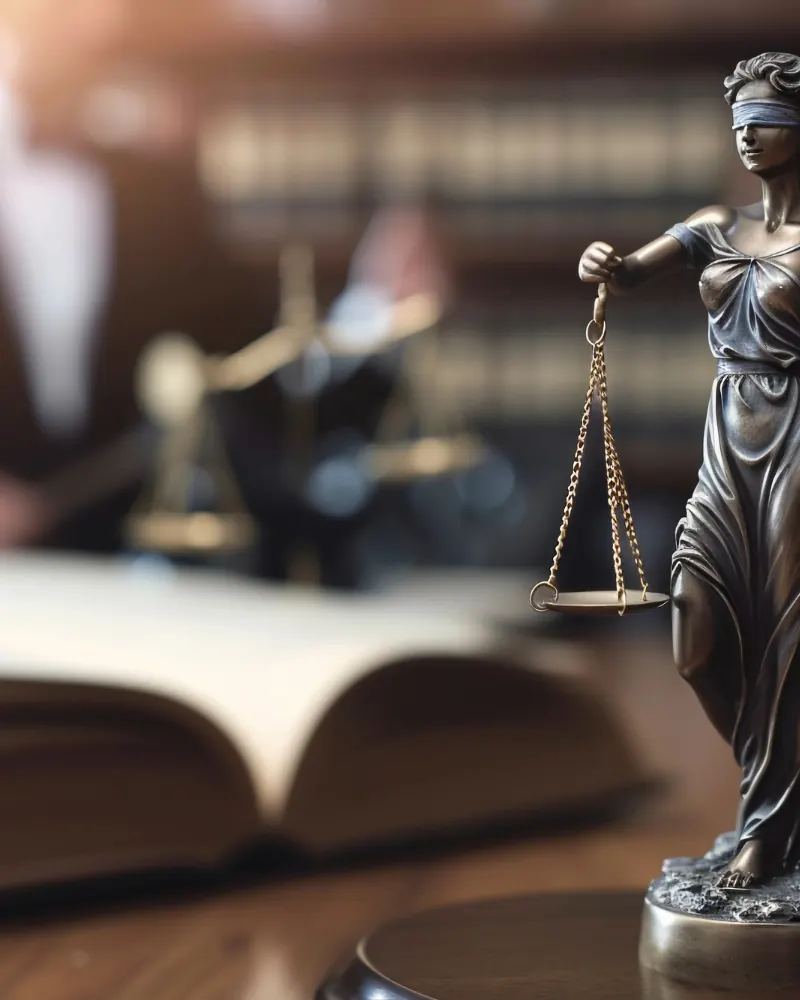 Estátua da Justiça ao lado de um livro aberto